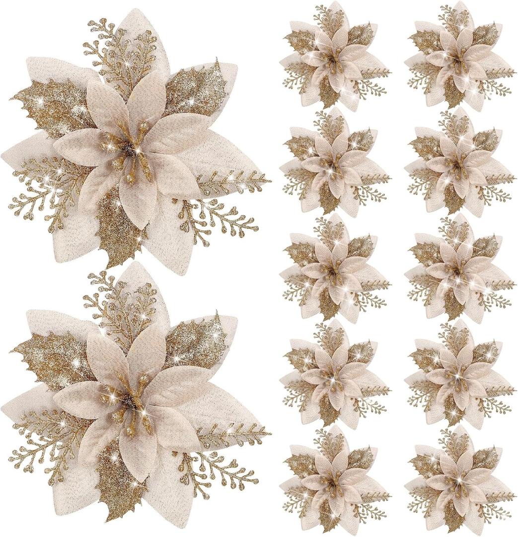 12 Pieces 5.7 Inch Christmas Poinsettia Flower Christmas Glitter Artificial Flower with Clips Xmas Tree Ornament for Wreath Garland Party Decor (Champaign Gold)
