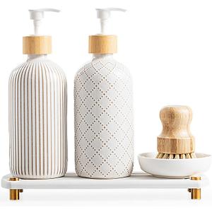 Getstar Hand and Dish Soap Dispenser Set, Ceramic Soap Dispenser for Bathroom and Kitchen with Rust Proof Pump and Tray, Set of 2 (White Pump w/Brush)