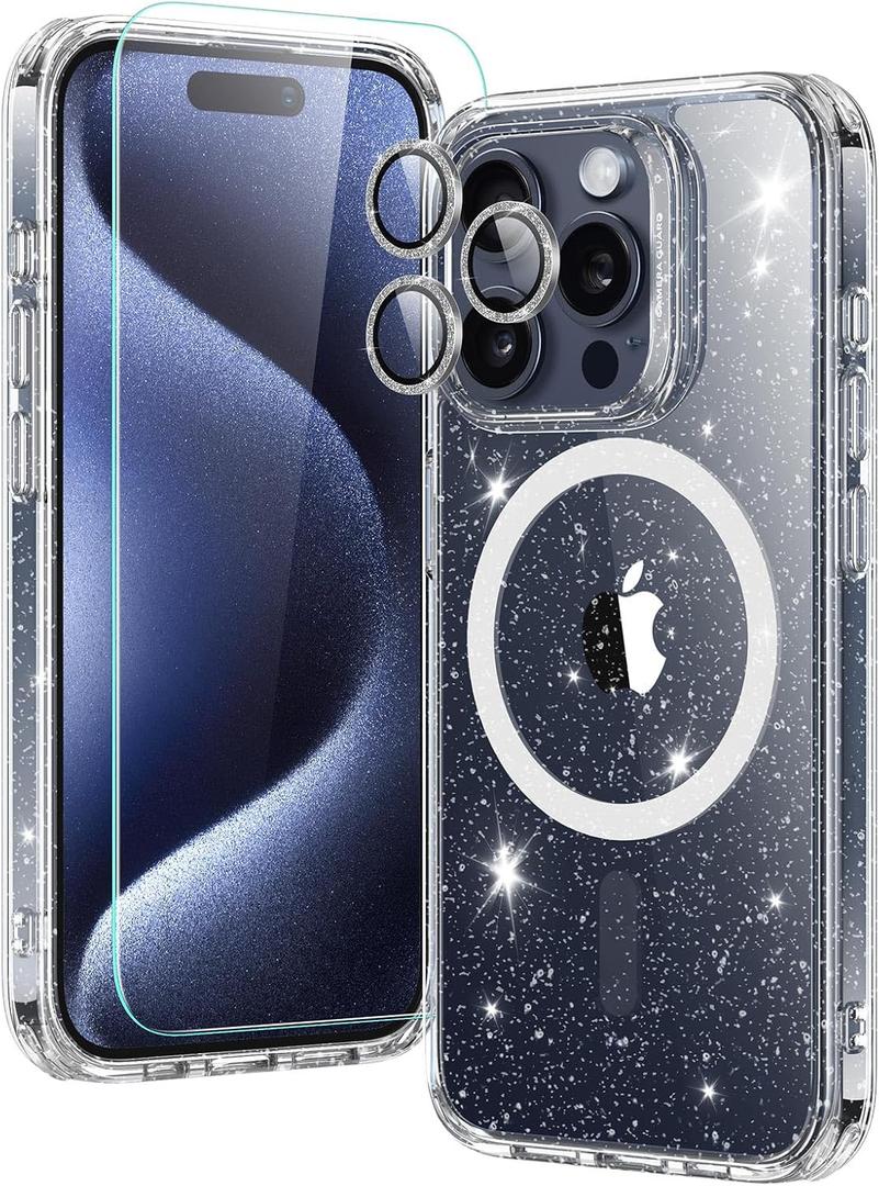 ESR for iPhone 15 Pro Max Case Set, 1 Tempered-Glass Screen Protector, 1 Set of Lens Protectors, Military-Grade Protection, Yellowing and Scratch Resistant MagSafe Case, Classic Series, Clear Shimmer