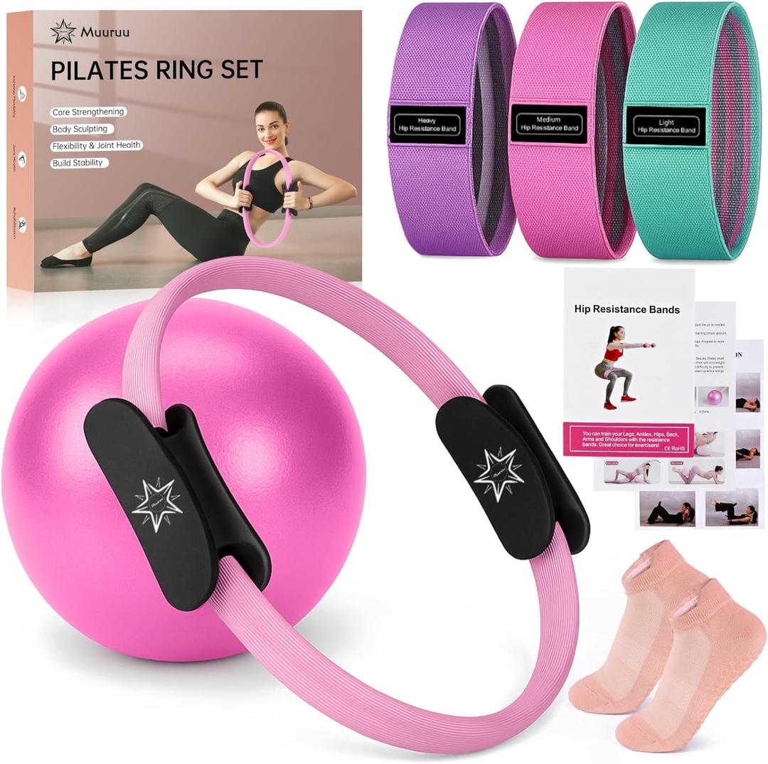 Muuruu Pilates Essentials Kit for Home Women, Ring and Ball Set, Pilates Equipment for Workouts, 3 Resistance Bands, Grip Socks, 14 Inch Magic Circle, Mini Exercise Ball, Great Exercise Equipment (Pink)