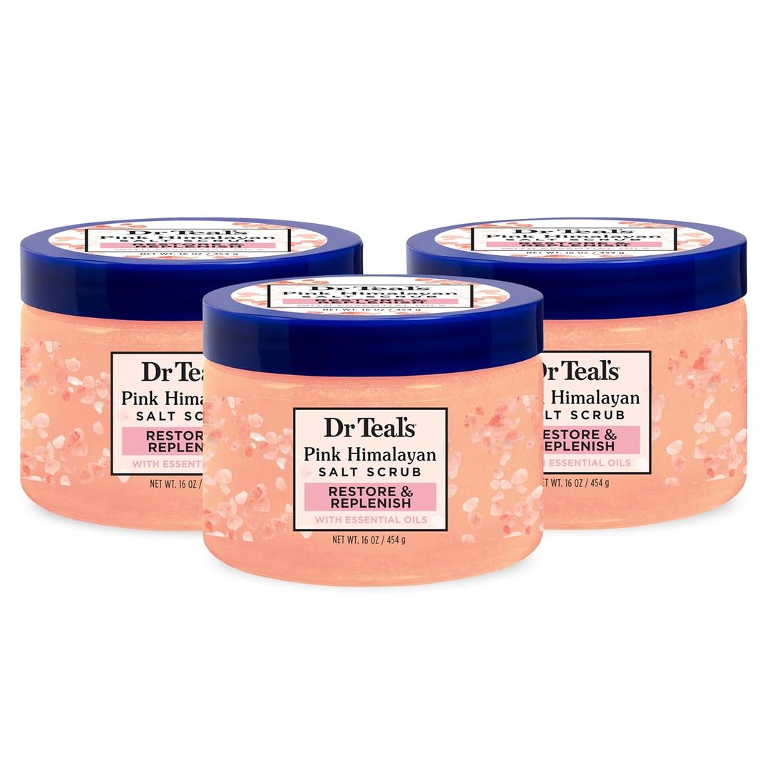 Dr Teal's Pink Himalayan Salt Body Scrub, Restore & Replenish with Pure Epsom Salt & Essential Oils, 16 oz. (Pack of 3)