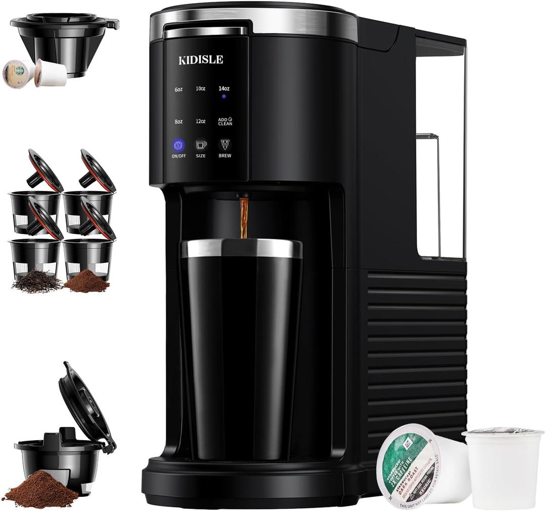 Single Serve Coffee Machine, 3 in 1 Pod Coffee Maker for K Cup Pods & Ground Coffee & Teas, 6 to 14oz Brew Sizes, with Stainless Steel Interior Thermal Travel Mug, Black