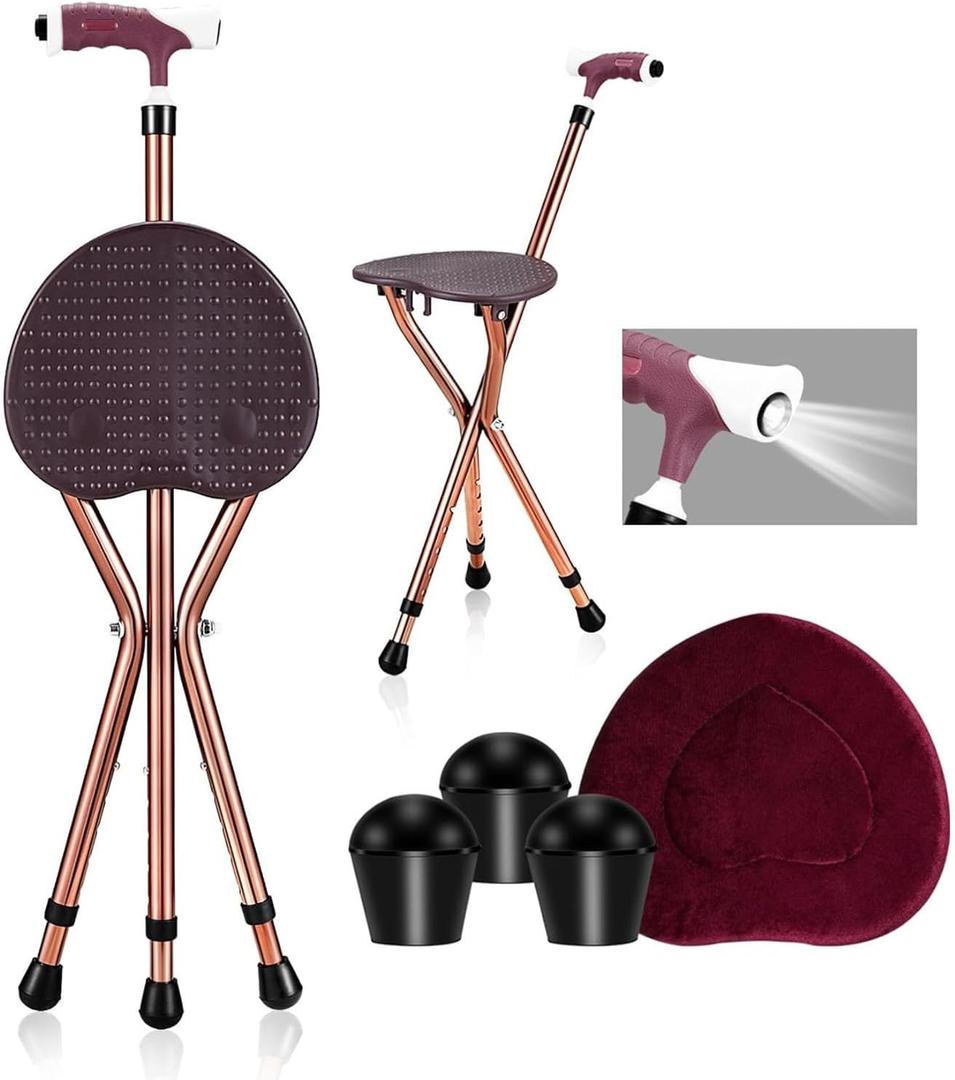 Folding Cane Seat Sturdy Lightweight Adjustable Handle Legs with LED Light Cushion for Elderly Walking Stick 300 lbs Large Plate (A-Classic-Brown)