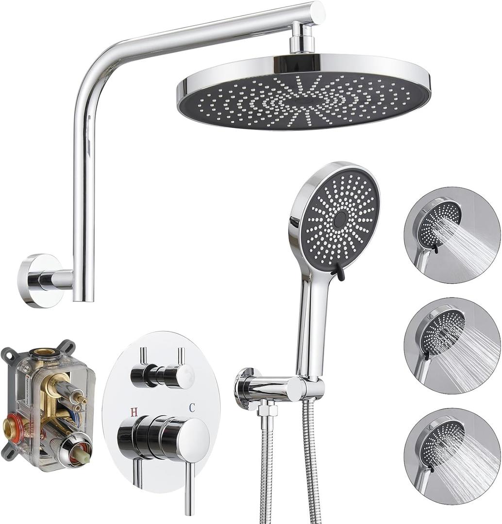 BWE Chrome Shower System Wall Mounted Shower Faucet Set with 10 inch Rain Shower Head and 3-Setting Shower Handheld Spray Bathroom Shower Fixtures with Shower Valve and Trim Kit