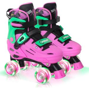 Nattork Adjustable Roller Skates for Kids Boys Girls- Teen Youth Age 4-16 - Cool Racing Car Indoor Outdoor Gift Idea for Birthdays Christmas (Small(9C-12C US), Pink Green)