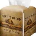 Praying Hands Oil Painting Tissue Box Cover, Give It to God and Go to Sleep Square PU Leather Tissue Holder, Religious Christian Wall Art Style Decor for Bedroom, Bathroom & Living Room