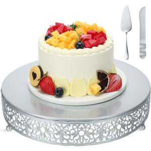 12 Inch Silver Cake Stand Set Metal Round Cupcake Dessert Stand with Cake Cutting, Spatula Wedding Cupcake Pastry Display Candy Holder Display for Wedding Party Birthday Baby Shower(Classic)