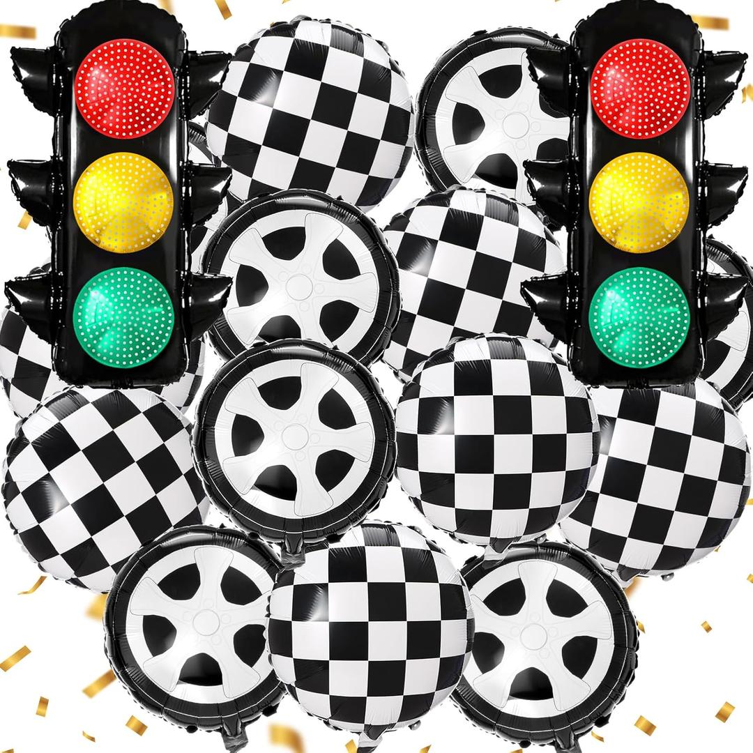 22 Pcs Race Car Balloons Inflatable Traffic Light, Foil Checkered and Tire Balloons, Transportation Decor for Construction Vehicle Truck Wheels Birthday Party Supplies