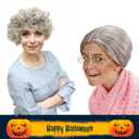Cupohus Old Lady Costume Set Grandma Wig Granny Wig Cap Madea Granny Glasses Eyeglass Chains Cords Faux Pearl Bead Necklace Women Cosplay Set 5 Pieces (grey bun)
