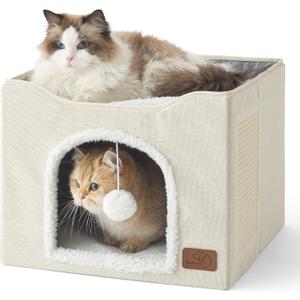 Bedsure Cat Beds for Indoor Cats - Large Cat Cave for Pet Cat House with Fluffy Ball Hanging and Scratch Pad, Foldable Cat Hideaway, 16.5x16.5x13 inches, Ivory (Single)