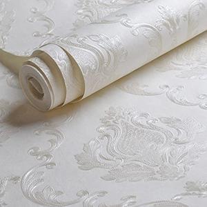 AMINAH DECO Cream White Damask Decorative Textured Floral Wallpaper Non-Woven Wall Paper Home Decoration,20.8 in X 393.00 in [ Not Peel and Stick ]