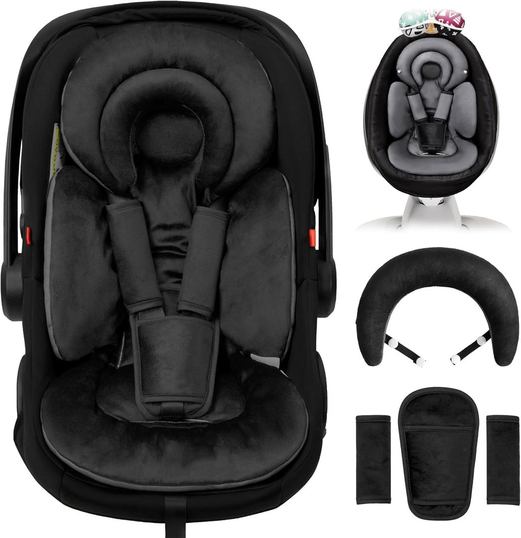 Infant Car Seat Insert with Removable Cushion for Preemie to Toddler, Reversible Newborn Carseat Insert for Baby Head Body Support, Fits for Stroller, Baby Swing, Bouncer (Pure Black)
