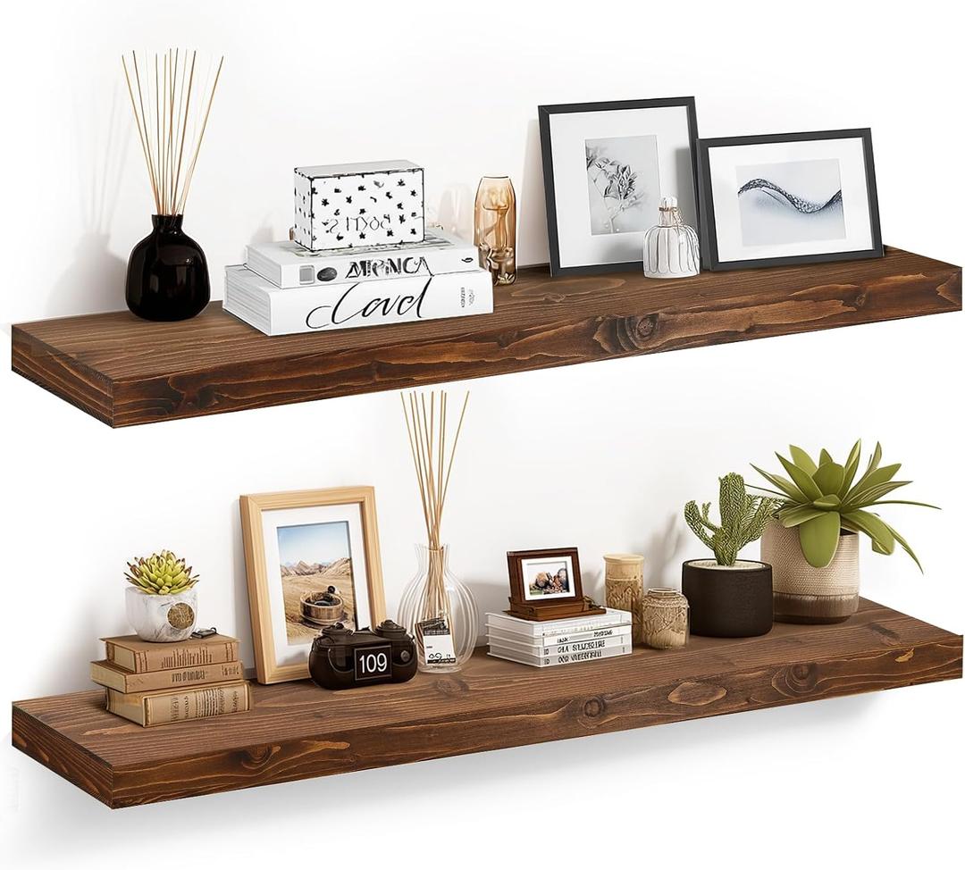 Floating Shelves, 48 Inch Wall Mounted Shelves, Set of 2, Brown
Pine Wood Construction, 6.8 Inch Deep, 2 Inch Thick, Hollow Design, Invisible Brackets, Farmhouse Decor