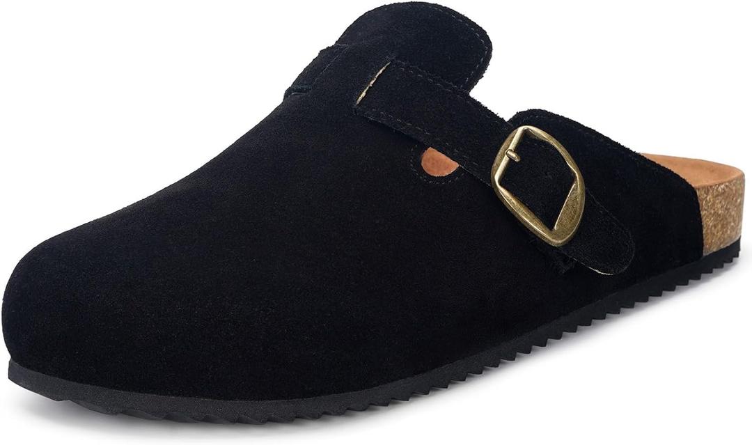 Intini Womens Suede Clogs Mens Leather Mules Cork Footbed Sandals with Arch Support (Black), Size: 13 Women/12 Men