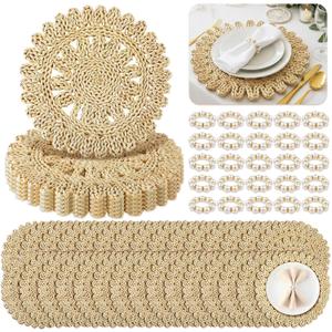 50 Pcs 13.8 Inch Corn Husk Woven Round Placemats Set with Pearl Napkin Rings, Flower Round Woven Placemats Set, Boho Farmhouse Rustic Chargers Mat Bulk for Wedding Party, Dinner Table, 14