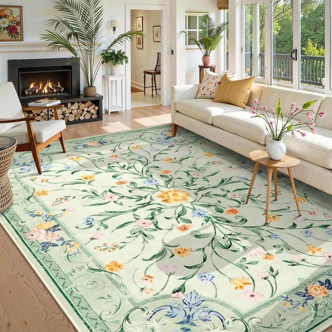 Morebes Green Floral 8x10 Area Rug for Living Room, Washable Non Slip Bedroom Rug, Soft Low Pile Carpet for Kids Nursery Office Dining Room Playroom Decor (Sage Green 8'x10')