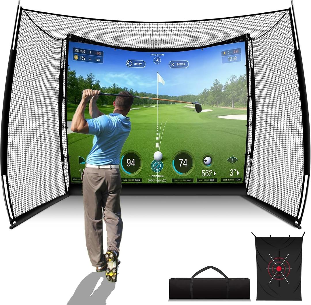 Joloofu Golf Net, 11x8ft Spacious Golf Practice Hitting Net for Simulator | Heavy Duty Golf Simulator Net with HD Impact Screen and Target Cloth for Swing Driving, Home Backyard Garage Indoor Outdoor