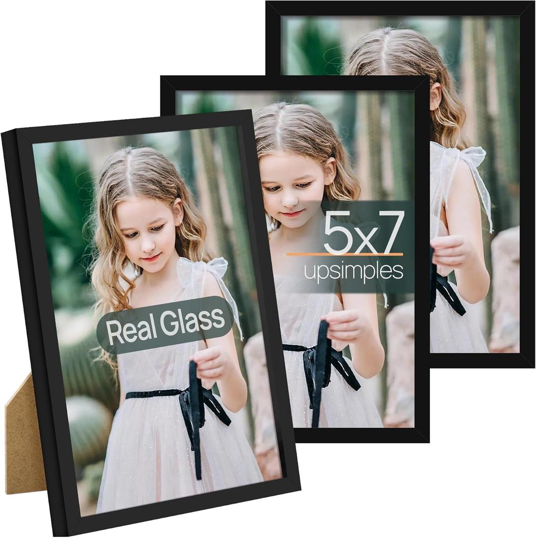 upsimples 5x7 Picture Frame Set of 3, Made of High Definition Glass for 5 x 7 Black Frames, Wall and Tabletop Display Thin Border Photo Frame for Home Dcor