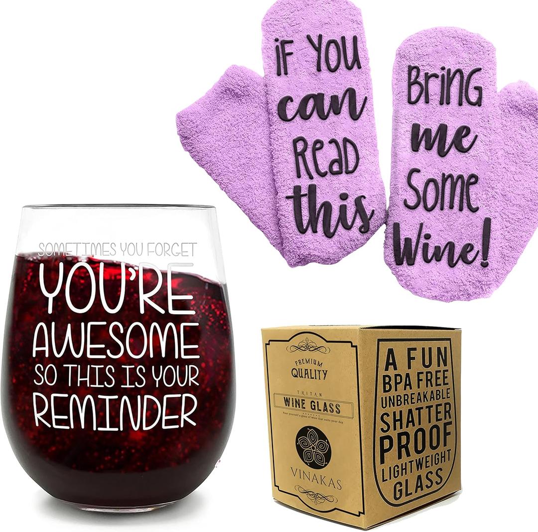 FUNNY WINE GLASSES + WINE SOCKS -16 oz Unbreakable Stemless Wine Glass With Sayings & Fuzzy Girl Socks If You Can Read This, Bring Me Some Wine"