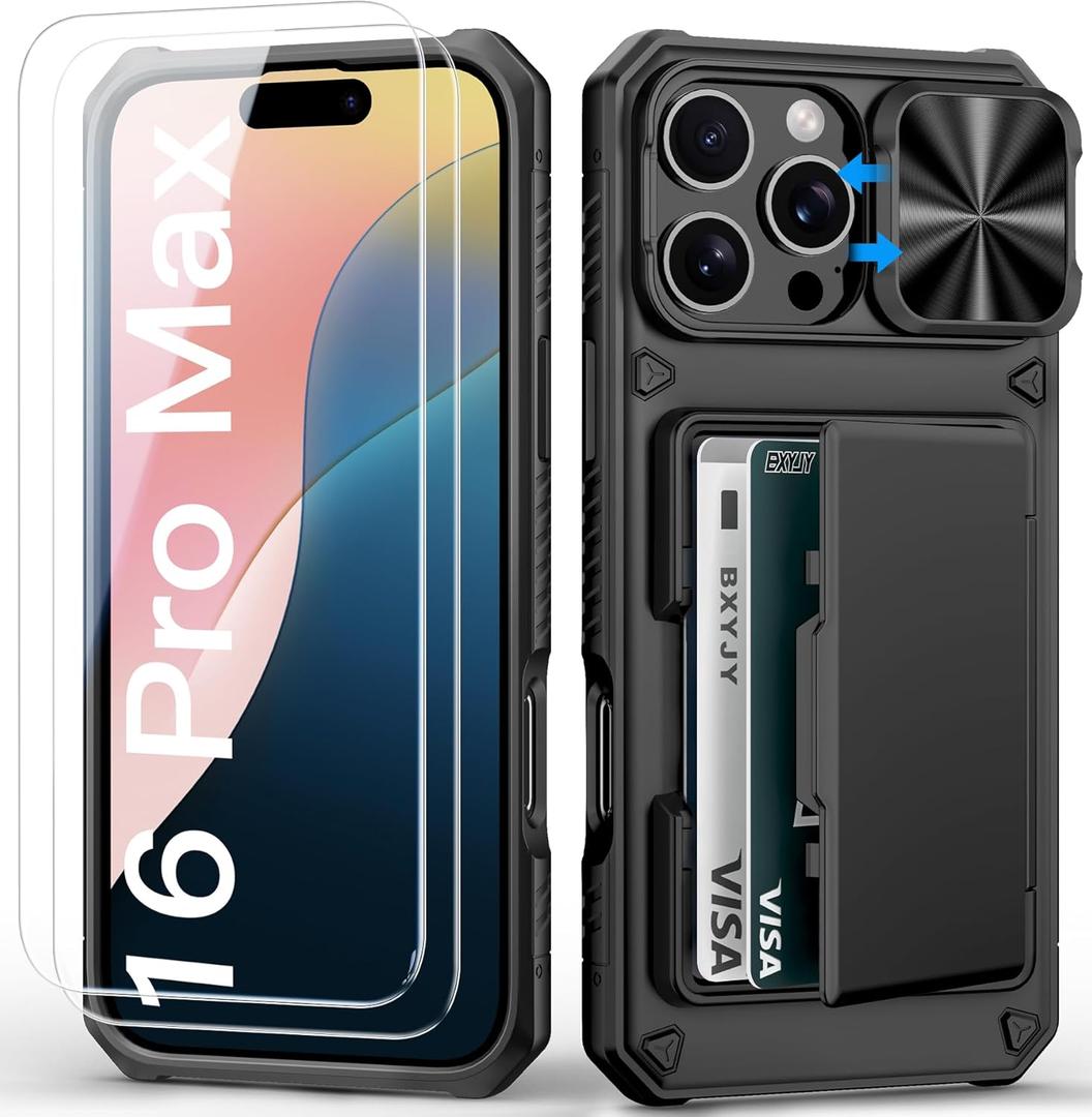 for iPhone 16 Pro Max Case Wallet with Screen Protector (Tempered Glass), Card Holder (4-5 Cards), Slide Camera Cover, Military Grade Drop, Heavy Duty Men Women Case for iPhone 16 Pro Max, Black
