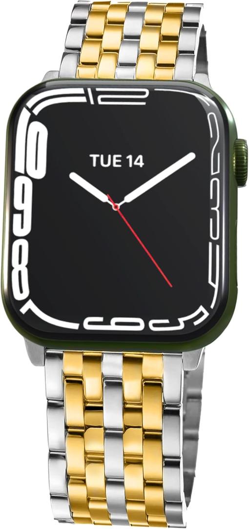 Seven-link Watch Band for Apple Watch Series 11, 10, 9, 8, 7, 6, 5, 4, 3, 2, 1 and SE 3/2/1 for Women, Dressy Stainless Steel Metal Band for Apple Watch 40mm 41mm 42mm 38mm 44mm 45mm 46mm for iWatch (Silver Gold Clar)