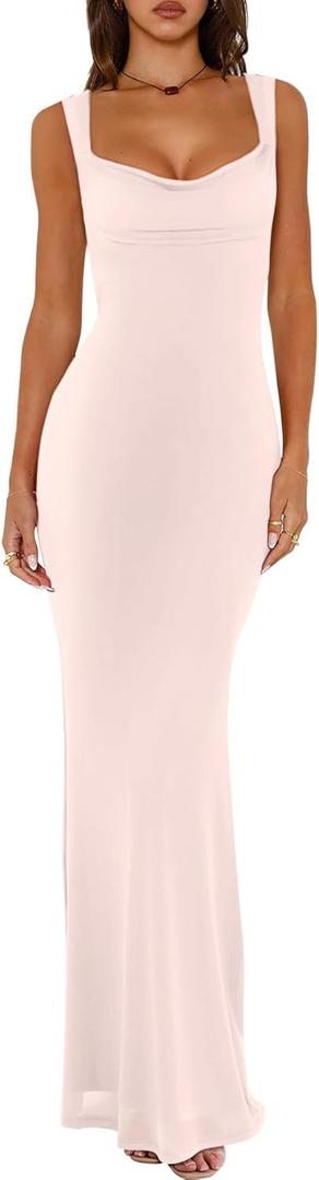 REORIA Women's Summer Cowl Neck Mesh Sleeveless Tank Dress Sexy Double Lined Bodycon Maxi Long Dresses (Large, Dew)