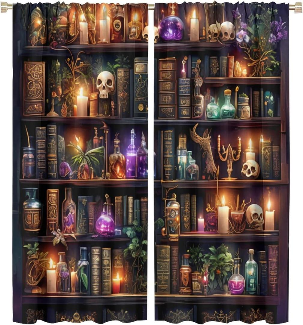 Bookshelf Skull Blackout Curtains for Bedroom Living Room, Gothic Library Candles Book Floral Thermal Insulated Room Darkening Curtain- 2 Panels 45" L x 42" W