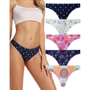 VOENXE Seamless Thongs for Women No Show Thong Underwear Women 5-10 Pack (5 Pack Pattern Design, X-Large)  