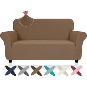 ZNSAYOTX Super Stretch Loveseat Covers (57"-70"), New Striped Love Seat Slipcover, Dogs Pet Friendly Anti-Slip Couch Protector Spandex Durable 2 Seater Fabric Sofa Cover (Light Coffee, Loveseat)