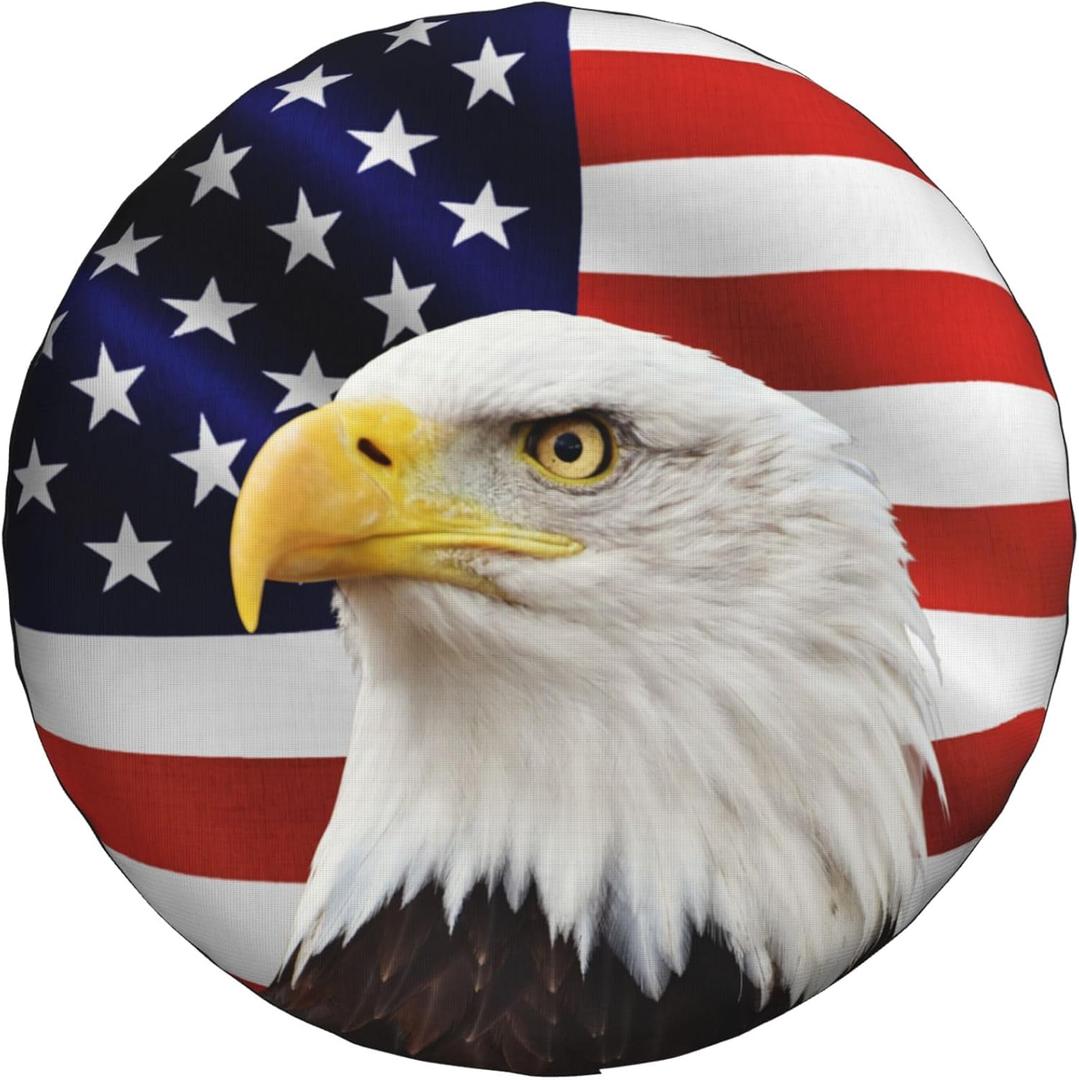 Spare Tire Cover for RV Camper Trailer Bald Eagle with American Flag, Weatherproof Universal Wheel Cover for RV Travel Trailer Camper Truck 14inch