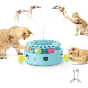 Potaroma Cat Toys 3-in-1 Automatic Interactive Kitten Toy, Fluttering Butterfly, Random Moving Ambush Feather, Track Balls, Dual Power Supplies, USB Powered, Indoor Exercise Cat Kicker (Blue)