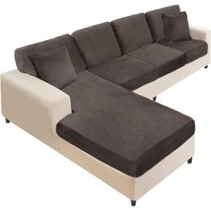 NAISI Sectional Couch Covers 8 Pieces Velvet Couch Cushion Covers L Shape Soft Stretch Sofa Slipcovers with 2pcs Pillowcases for Left/Right Chaise Sectional Couch(3 Seater+1 Chaise+4 Back,Brown)