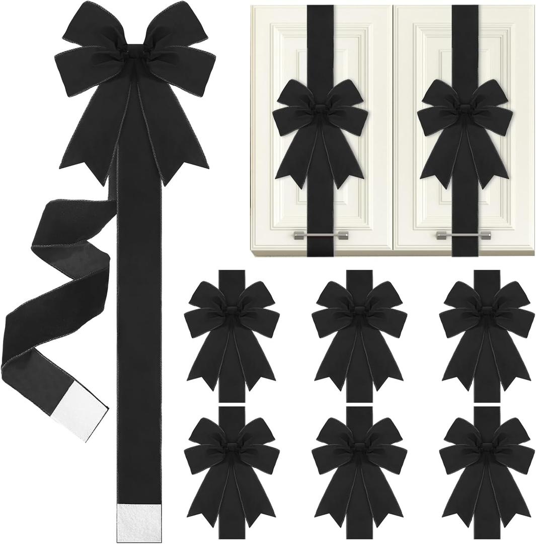 6 Pcs Black Velvet Christmas Cabinet Ribbons Bows for Kitchen 78.7 Inch Large Christmas Door Ribbon Cabinet Bows for Gifts Xmas Tree Home Wall Furniture Party Decorations