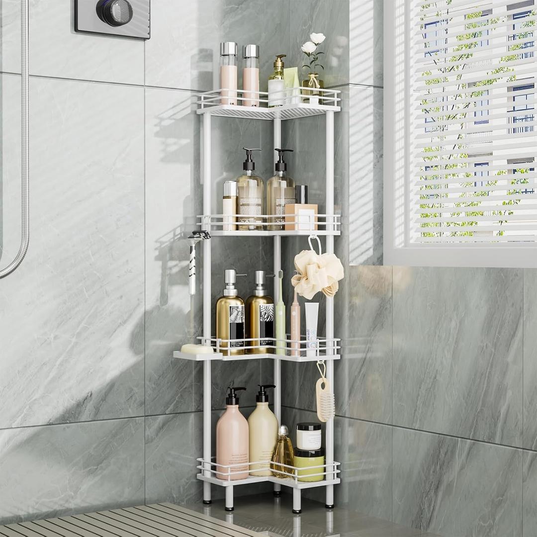 Consumest Corner Shower Caddy Standing - 4-Tier Stainless Steel Shower Organizer with Soap Holder and 4 Hooks, Large Capacity Corner Shelf Stand for Bathroom, Rest Room, White