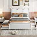 Merax Queen Size Platform Bed with 2 Storage Drawers and Twin XL Size Trundle, Rustic Design Wooden Bed Frame, White