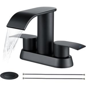Ultimate Unicorn Black Waterfall Bathroom Faucet, 4 Inch Bathroom Sink Faucet for 3 Hole or 2 Hole, Anti-Splash Design Sink Faucets with Pop Up Drain, Easy Install for Vanity, RV, Lavatory