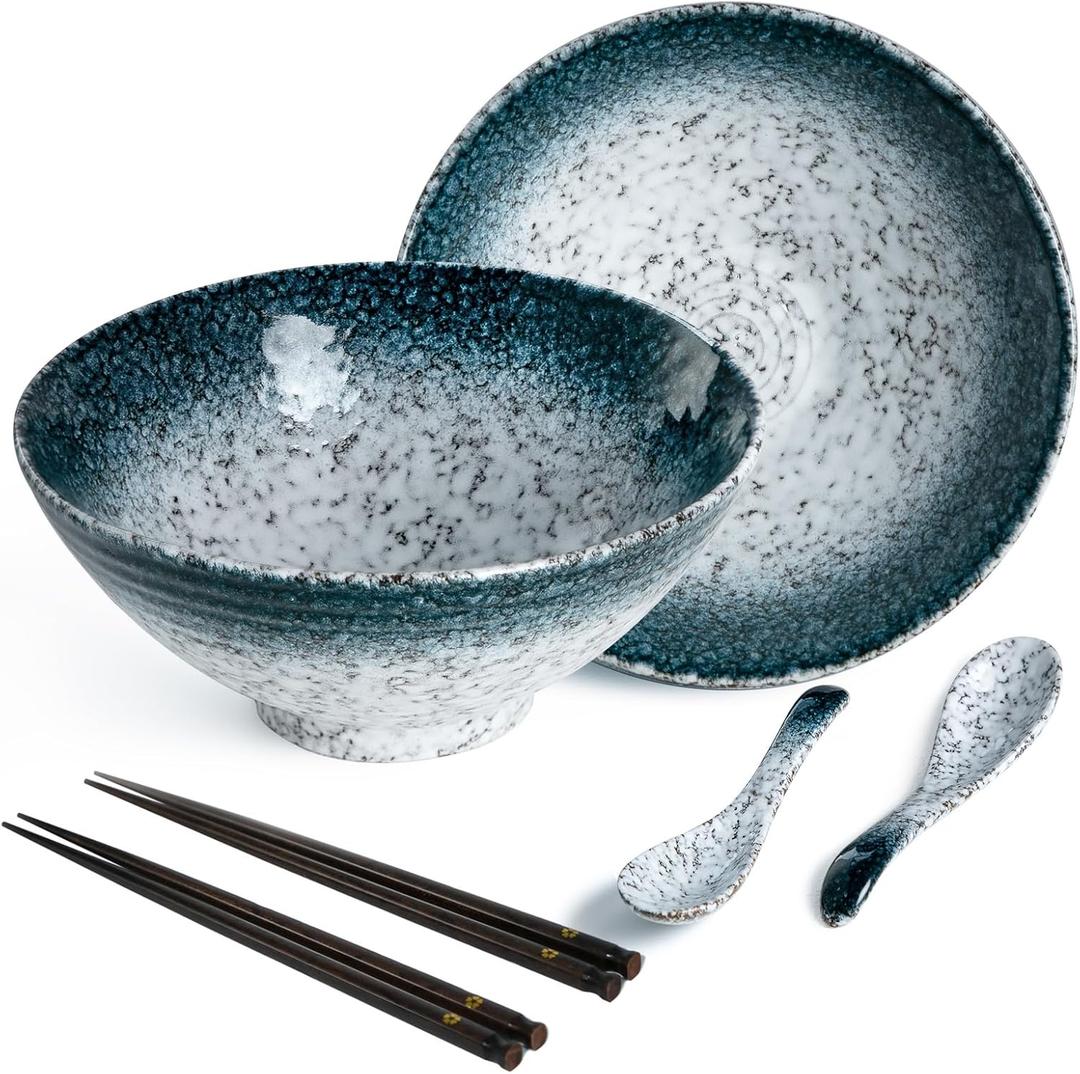 Niturceal 40 oz Ceramic Ramen Bowl Set of 2, Ramen Noodle Bowl with Spoons and Chopsticks 8 Inch Japanese Retro Style Large Soup, Pho, Udon Bowls, Microwave & Dishwasher Safe, Stone