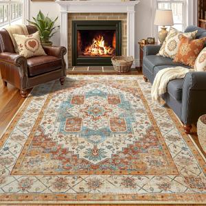 YJ.GWL Area Rugs for Living Room 4x6 Machine Washable Rugs for Bedroom, Non Slip Floral Vintage Rug Indoor Carpet, Stain Resistant Throw Rug for Dining Room Kitchen, Brick Orange