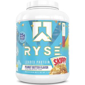 RYSE Loaded Protein Powder - Skippy Peanut Butter - 25g Whey Protein Isolate & Concentrate with Prebiotic Fiber & MCTs - Low Carb, Low Sugar, Digestive-Friendly - 54 Servings / 4 lb Tub, EXP: 03/2028