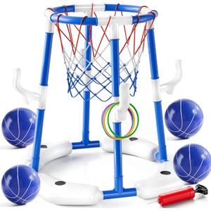 JUKUDAHU Pool Basketball Hoop, Boy Pool Toys for Kids Ages 4-8, 2-in-1 Floating Pool Ring Game with 4 Balls and Pump, Outdoor Swimming Water Play Toy, Summer Water Toys for Kids Adults Age 3-12