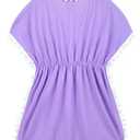 Girls Swimsuit Cover Up Purple Bating Suits Size 5-6 Years Old Short Sleeve Pool Beach Coverup