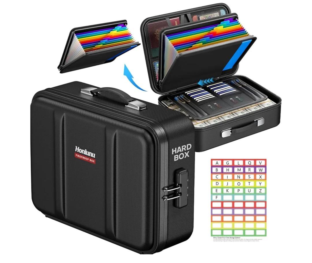 Honlunu Fireproof Document Box, Hard Case Fireproof Document Organizer with Lock, Water Resistant Safe Box for Important Documents Certificates Laptop Passports, Black