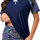 Halcurt Women's Built in Bra Rash Guard UPF 50 Two Piece Swimsuit Shirt and Board Shorts (X-Large, Navy Multicolored Paisley)