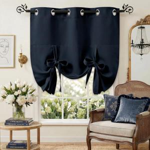 Pony Dance Kitchen Curtains for Decoration - Roman Shades Tie Up Curtain Valances Set Blackout Grommet Top for Home Decoration, W 42 x L 45 in, Navy Blue, Set of 1