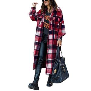 Ainangua Women's Casual Wool Blend Long Plaid Shirt Jacket Button Down Pocketed Shirt Shacket (Red, XS)