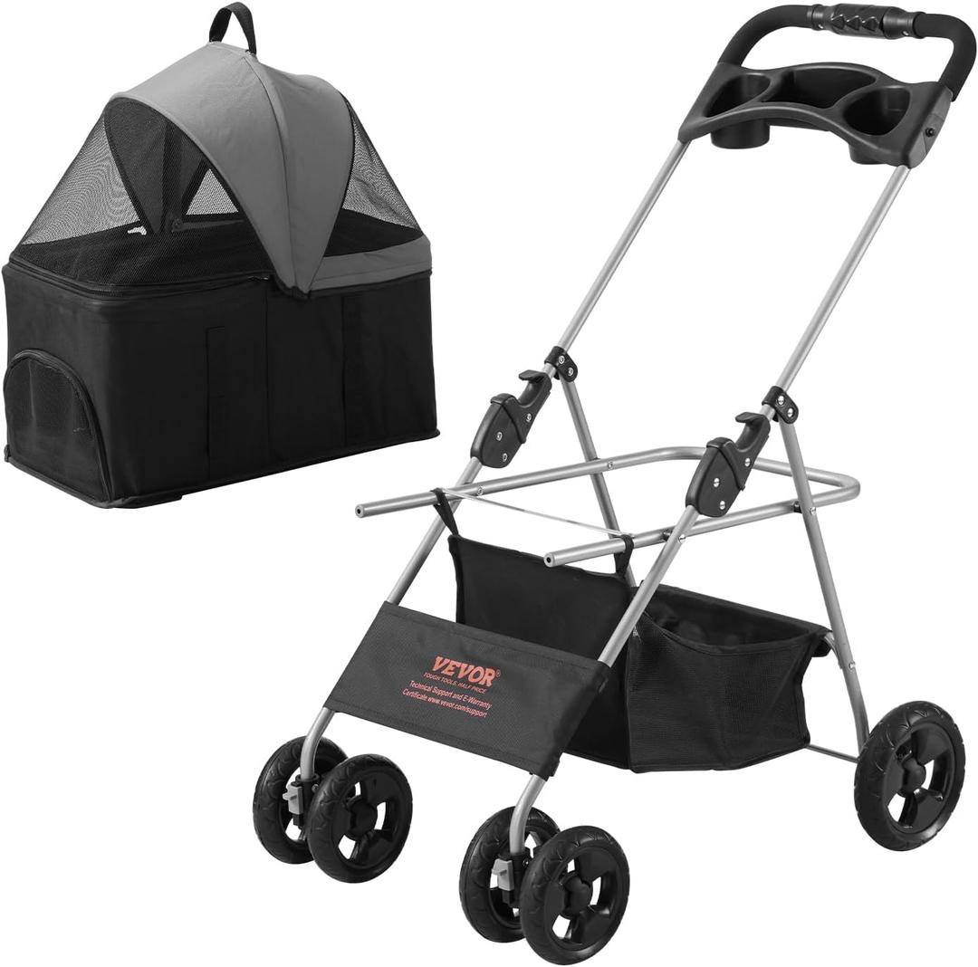 VEVOR Pet Stroller, 4 Wheels Dog Stroller with Brake, 35lbs Weight Capacity, Lightweight Foldable Portable Folding Carrier, Storage Basket and Cup Holder, for Dogs and Cats Travel, Black+Dark Grey