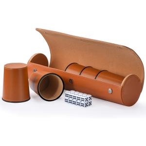 Leather Dice Cup Set, 5 Black Dice Cups + 25 Dices + Exclusive Storage and Transport Case Made of Faux Leather (Orange)