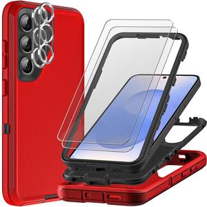 for Samsung Galaxy S25 Case with 2Pcs Tempered Glass Screen Protector and Camera Lens Protector, 3 in 1 Heavy Duty Shockproof/Drop Proof/Dust Proof Case (Red/Black)