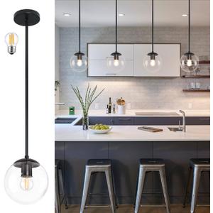 Bagood 6 Inch Globe Pendant Light Black Mid Century Pendant Light Clear Glass Pendant Lights Kitchen Island Mid Century Adjustable Hanging Farmhouse Pendant Lights Fixtures for Kitchen Island