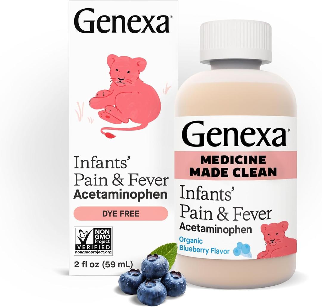 Genexa Infants' Clean Acetaminophen | Pediatrician Preferred Ingredients | Pain Reliever & Fever Reducer for Babies | Dye Free, 0% Artificial Additives | Delicious Organic Blueberry Flavor, 2 fl oz (1 Pack) Genexa Infants' Clean Acetaminophen | Pediatrician Preferred Ingredients | Pain Reliever & Fever Reducer for Babies | Dye Free, 0% Artificial Additives | Delicious Organic Blueberry Flavor, 2 fl oz (1 Pack)